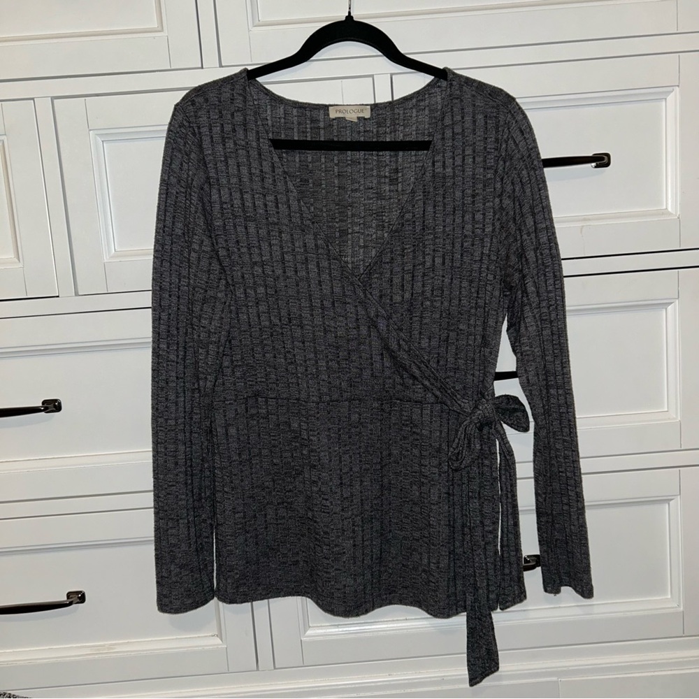 Women’s V-Neck Faux Wrap Long Sleeve Blouse Top Black Marl Size M